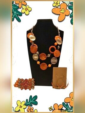 Orange Shell Gold Tone Beaded Statement Necklace With Bracelet & Earrings
